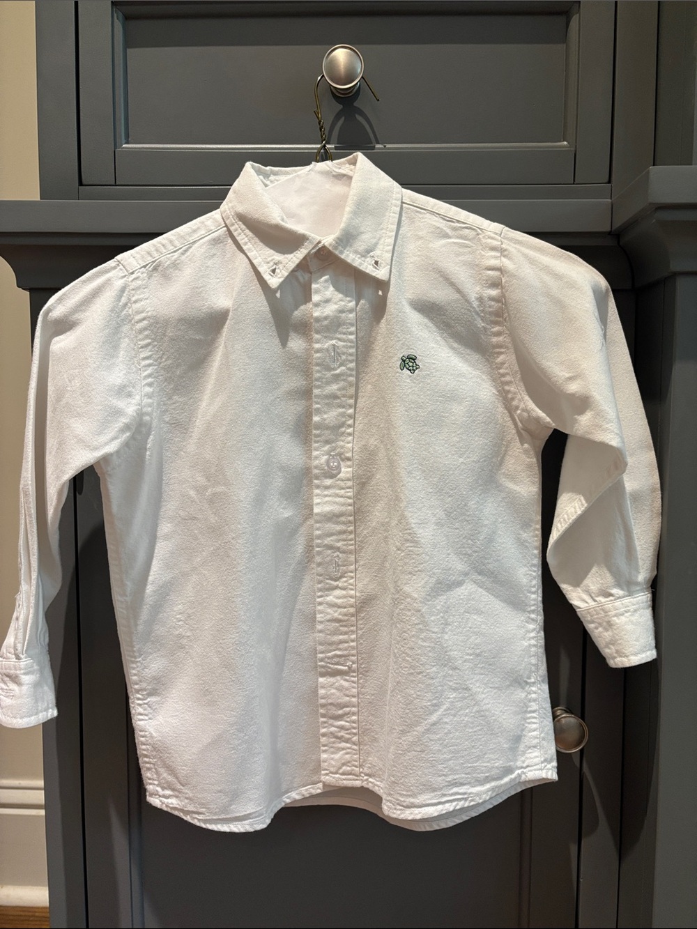 Children's White Long-Sleeve Button-Down Shirt with Green Embroidered Logo